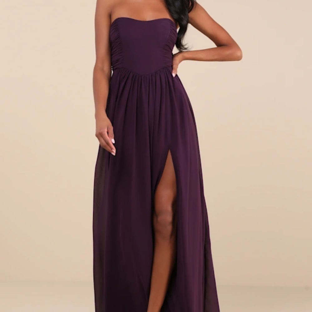 Luxe Favorite Dark Purple Strapless Ruched Maxi Dress
